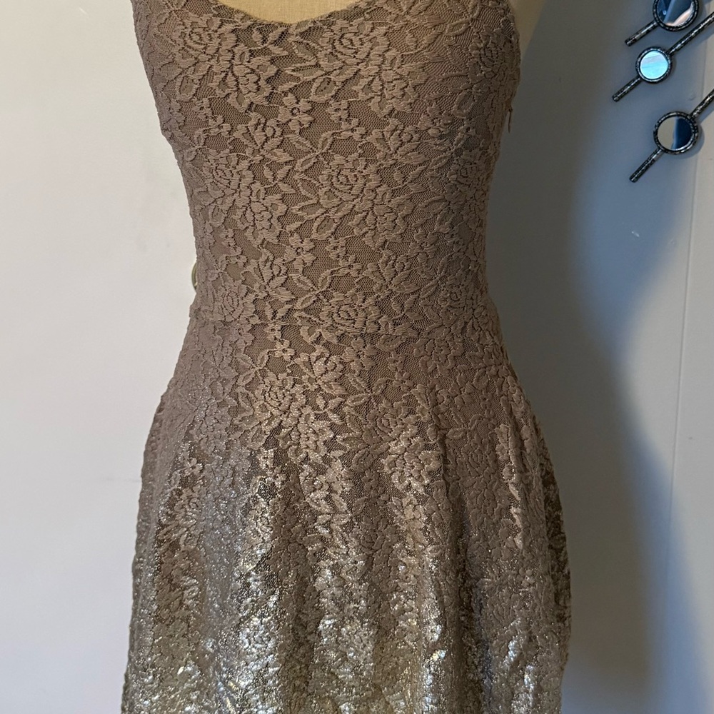 Free People Gold foil-dipped lace layered fit and flare dress